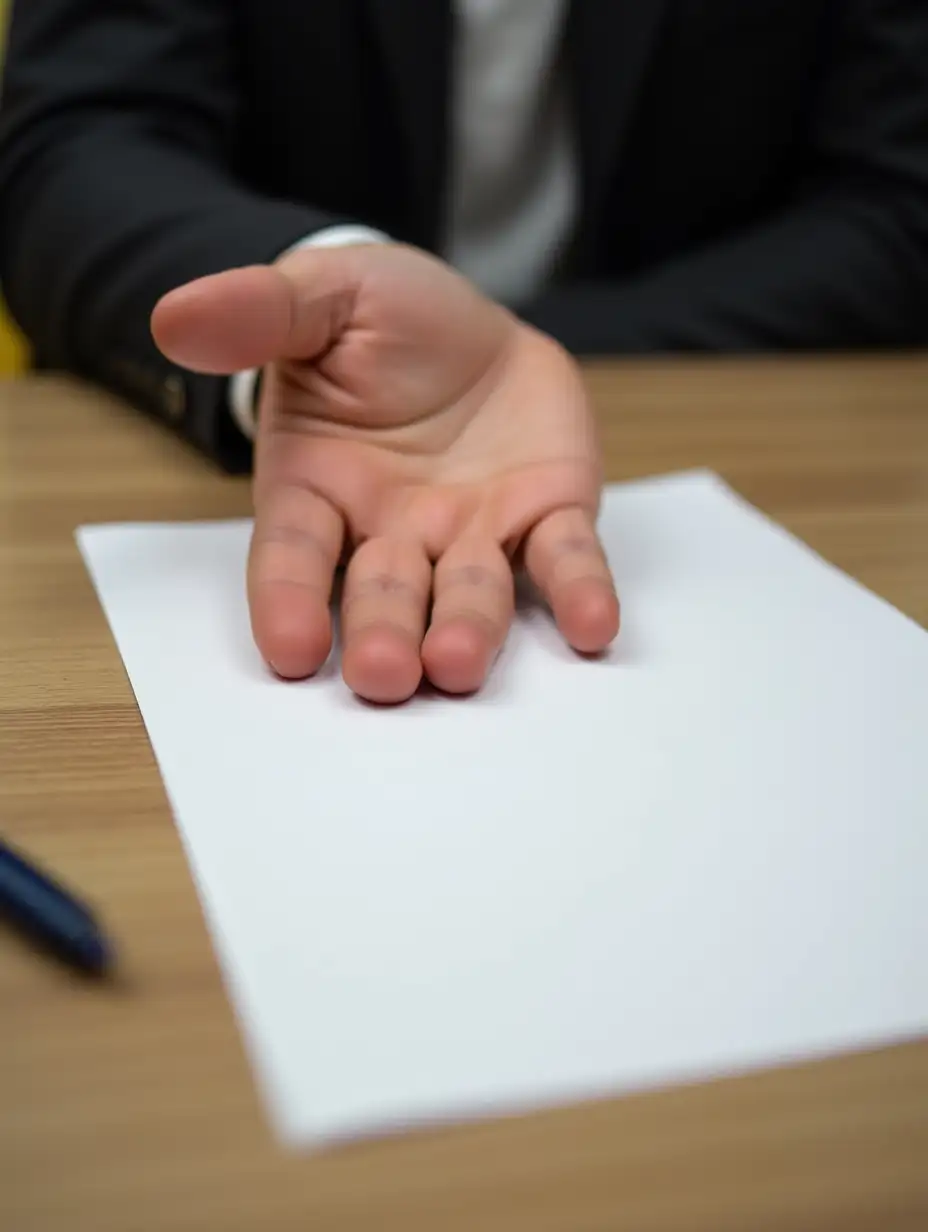 Mans-Hand-Resting-on-Table-Next-to-a-Sheet-of-Paper-and-Pen