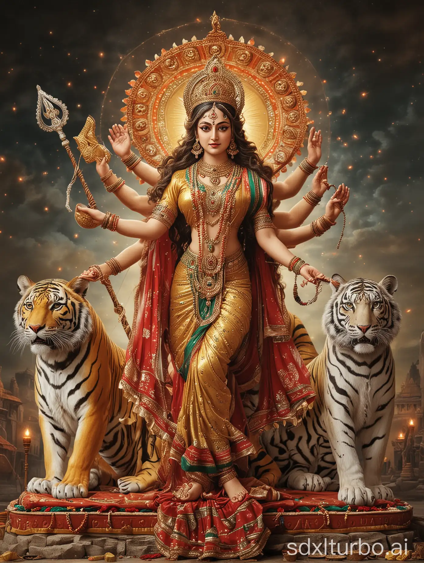 Maa durga full image with vast background sitting on tiger with garba