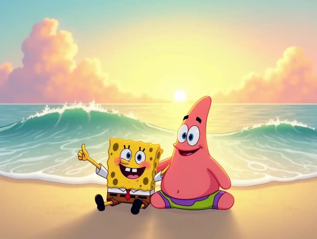 A cute cartoon SpongeBob and Patrick; sitting together on a sandy beach at sunrise, and sky is full of soft, pastel colors, with the sun casting a golden glow on the water, gentle waves rolling in, SpongeBob is pointing towards the horizon and both of them look happy and peaceful, like best friends enjoying the moment, whole scene feels cozy, like a sweet story about friendship and adventure.