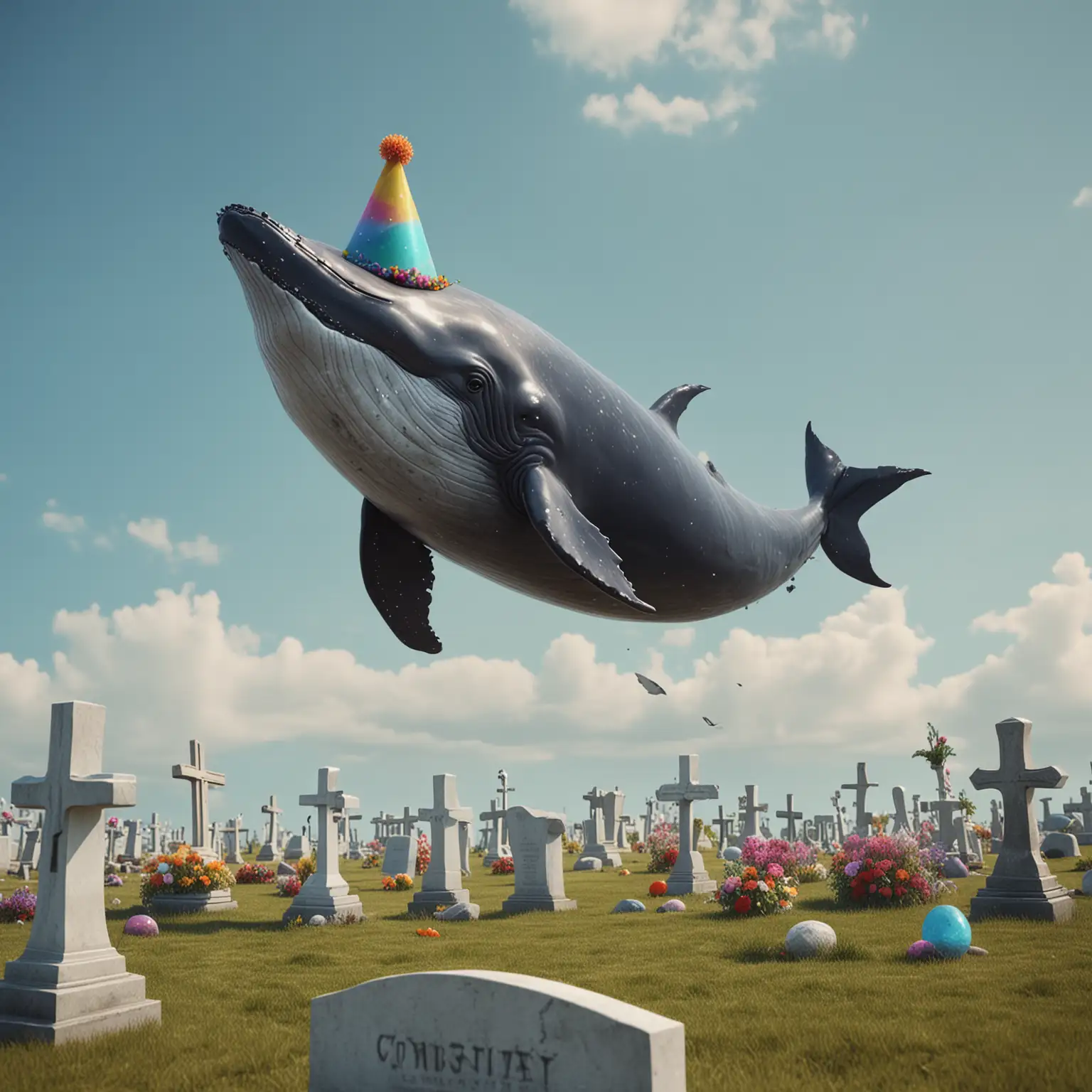 Sad-Flying-Whale-with-Birthday-Hat-Over-Happy-Cemetery