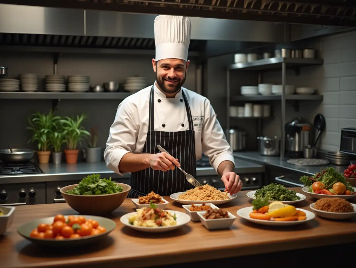 A chef is cooking in the kitchen with a table full of food in front of him