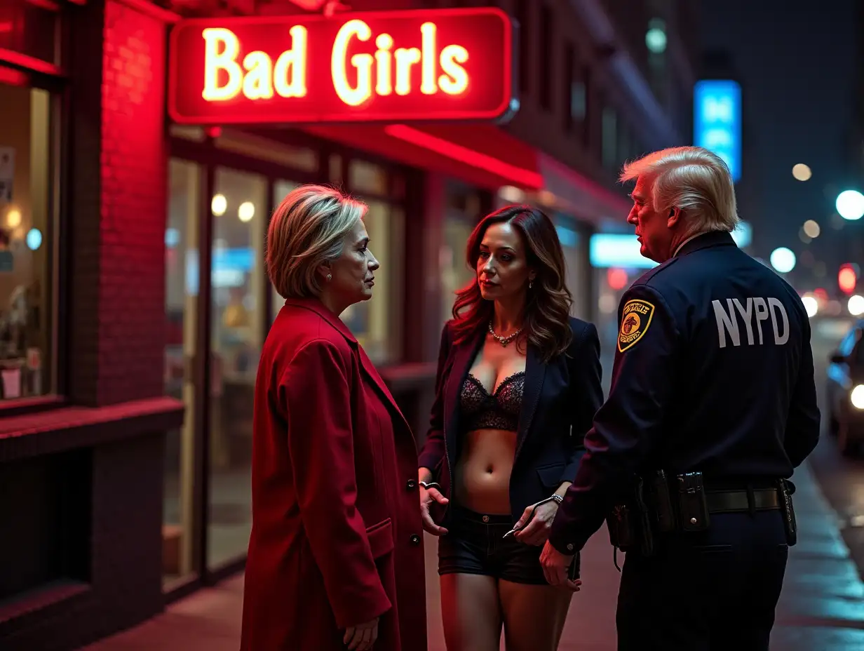 Hillary-Clinton-and-Kamala-Harris-as-Prostitutes-Arrested-by-Donald-Trump-in-New-York-City-at-Night