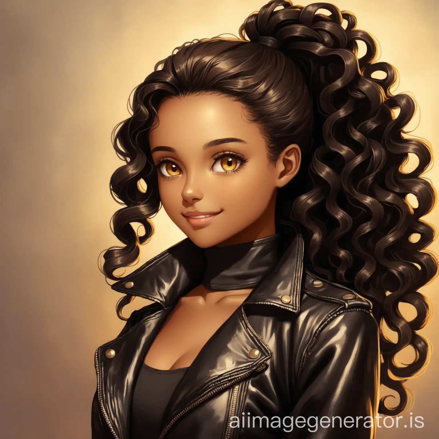 24YearOld-Woman-with-Ebony-Wavy-Hair-in-Vintage-Black-Leather-Jacket