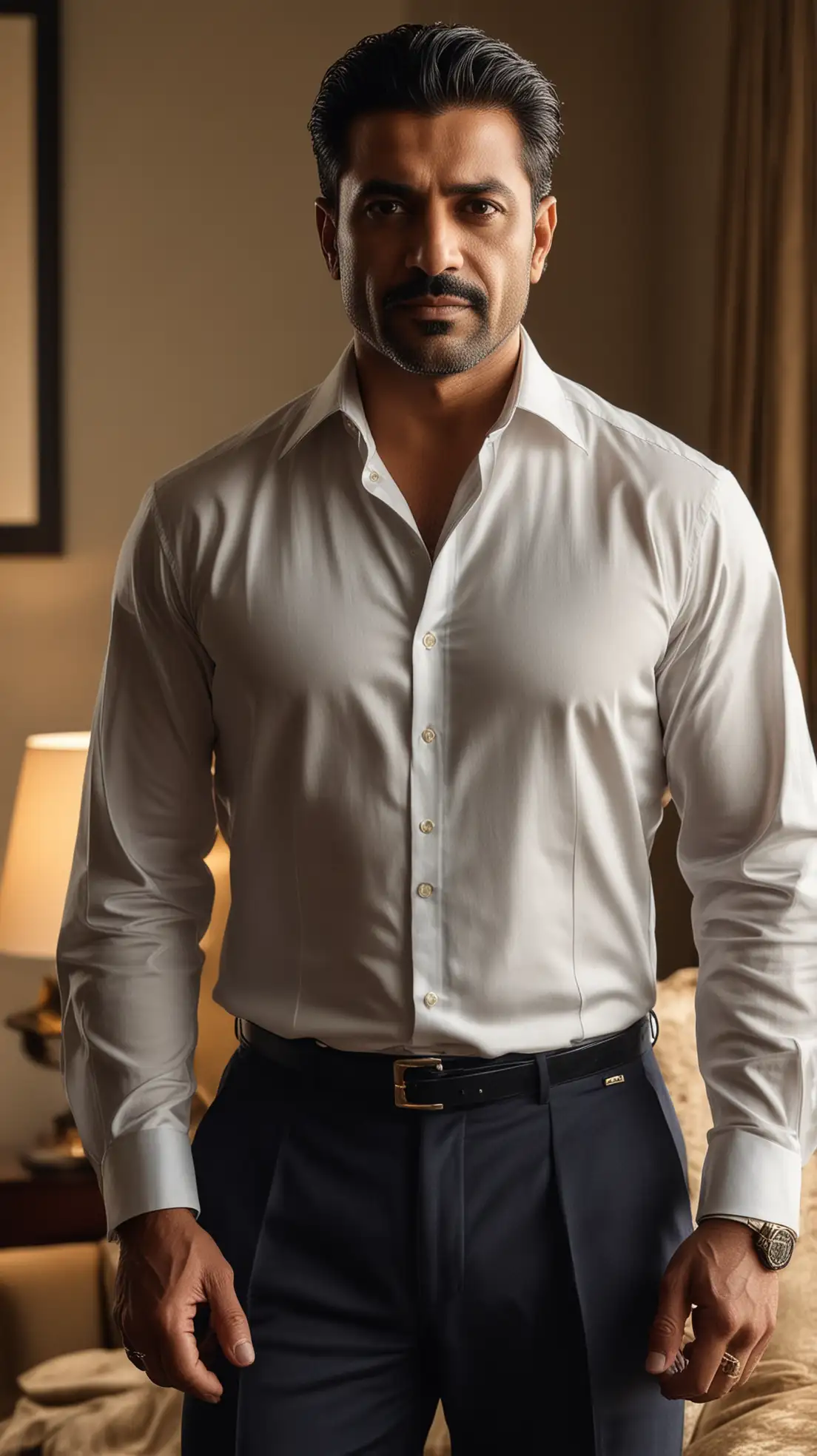 Create a portrait of Zameer, a muscular man in his 50s with a commanding presence, standing in a luxurious hotel room with dim, golden lighting. His physique is strong and well-defined, with broad shoulders and a toned chest visible beneath a partially unbuttoned silk shirt in deep navy. His dark hair is neatly styled, with a hint of silver at the temples, and his intense, dark eyes convey a mix of confidence and warmth. He wears tailored black trousers that accentuate his powerful build, exuding an air of authority and quiet strength.
