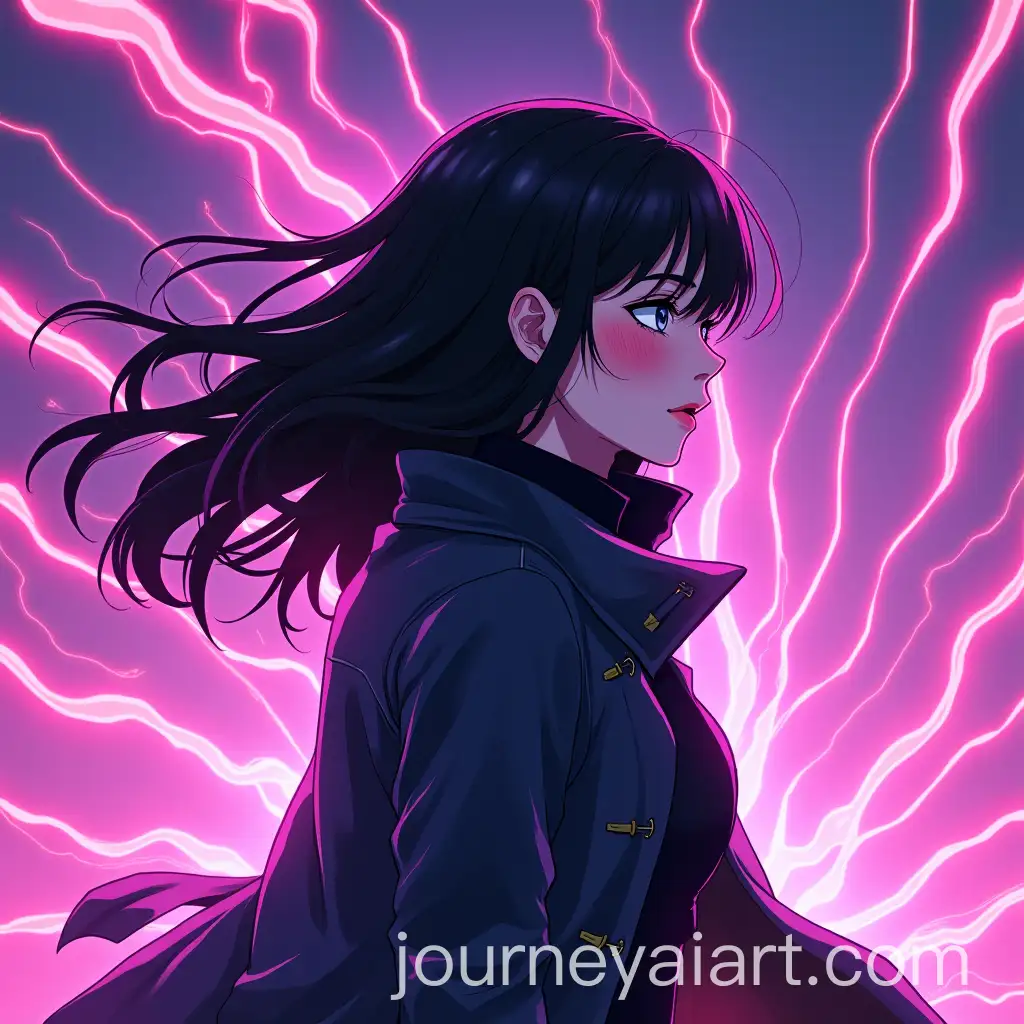 DarkHaired-Girl-in-Cyberpunk-Coat-Amid-Fiery-and-Purple-Streams