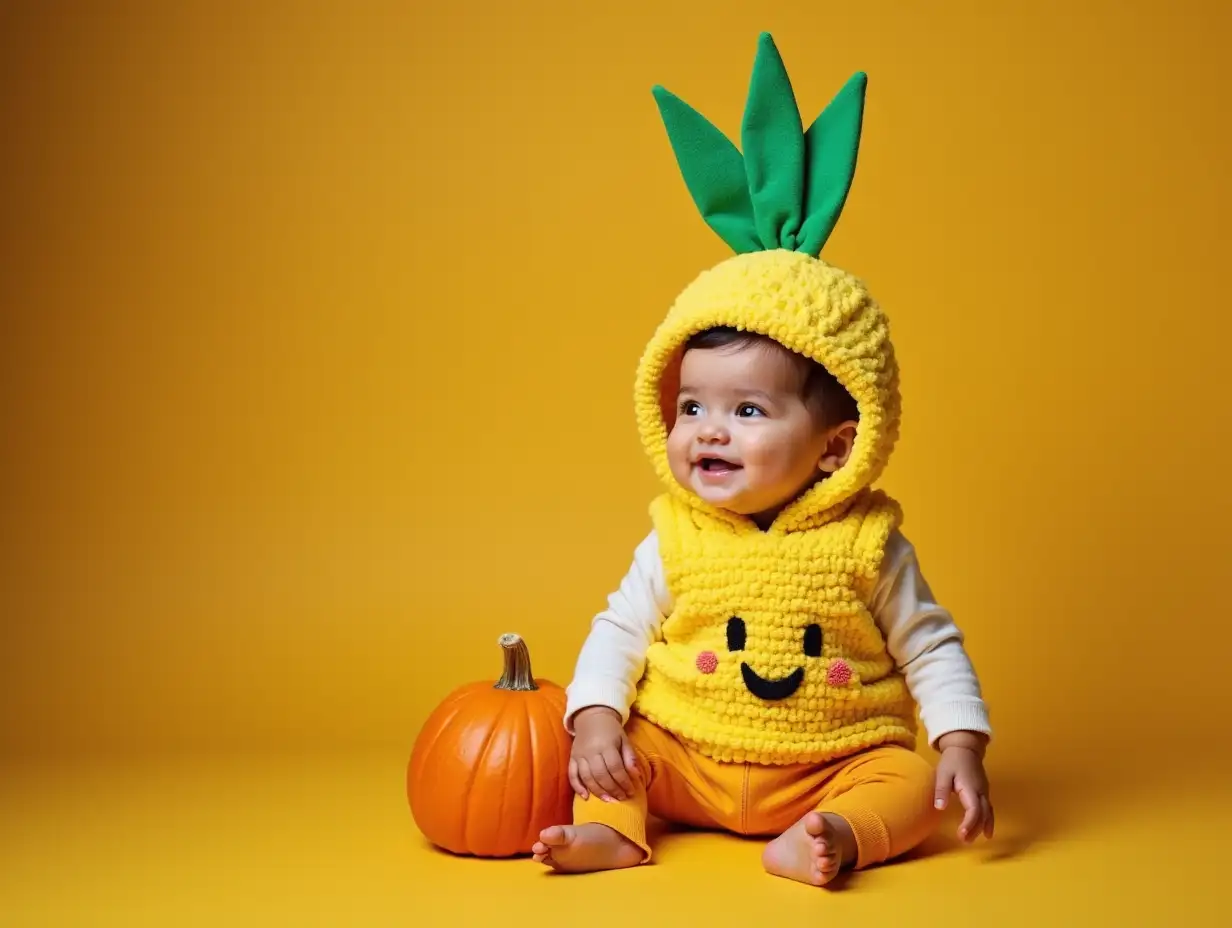 Cute baby dressed in halloween pineapple costume