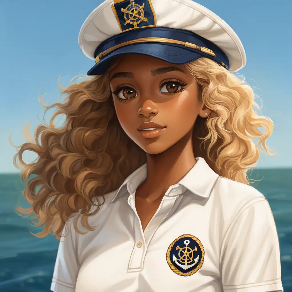 Young Girl in Captains Hat with Wavy Brown and Blonde Hair