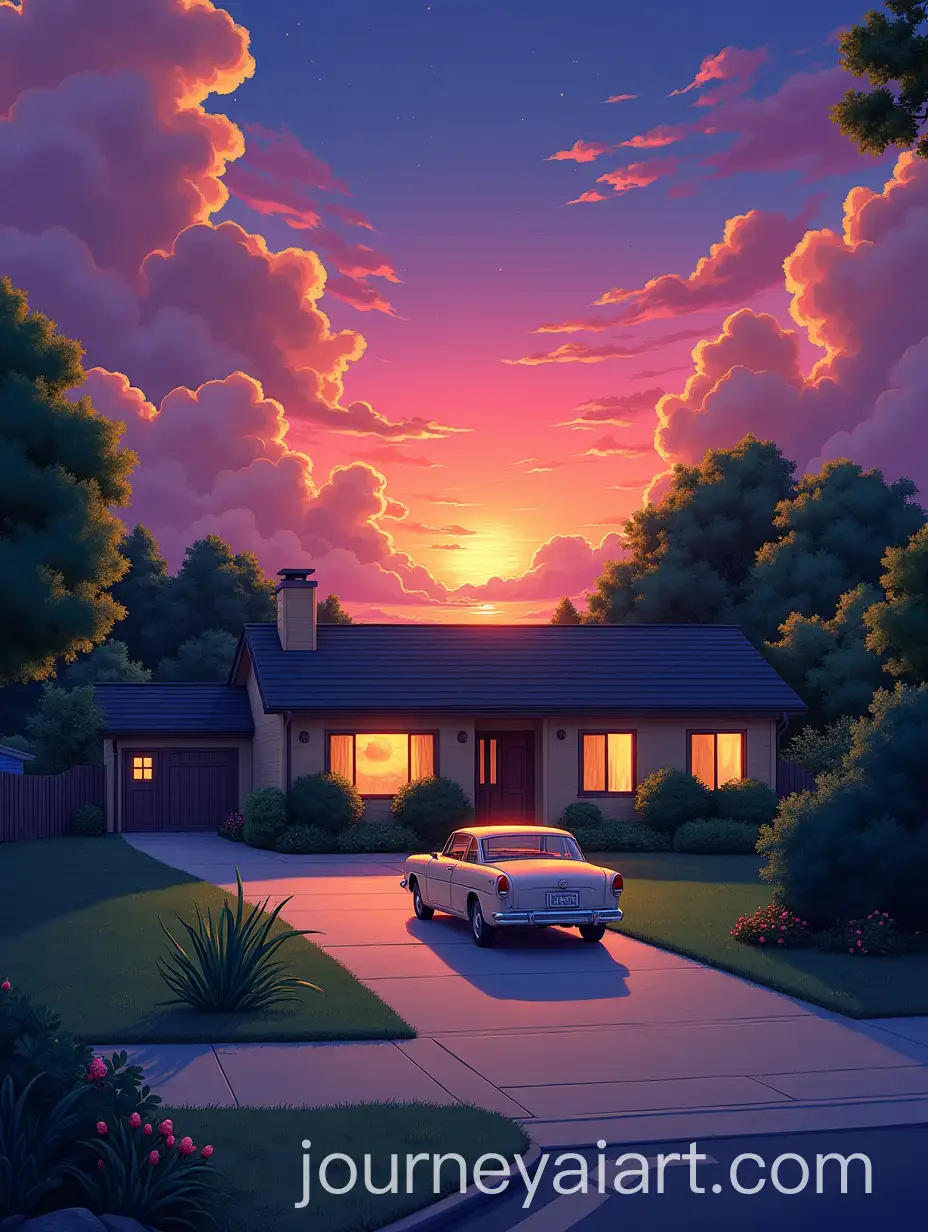 Tranquil-Suburban-Home-at-Sunset-in-1990s-Retro-Anime-Style