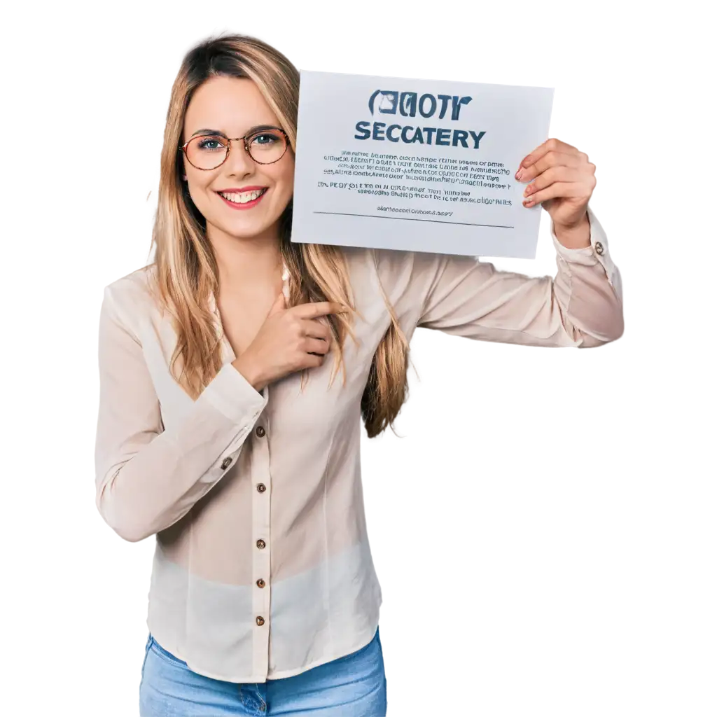 Secretary holding a sign