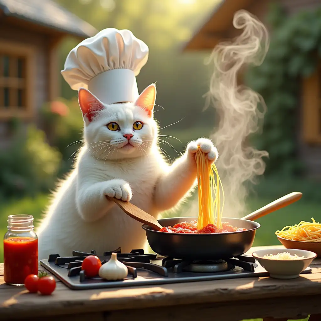 he oversized white cat, still wearing its chef’s hat, stands beside a gas stove placed next to the rustic wooden table. In its right paw, it holds a wooden spatula, stirring a rich, red tomato sauce simmering in a skillet. Steam rises dramatically, curling into the sunlight. On the other burner, a pot of water bubbles, with long pasta strands being lowered into it by the cat’s left paw. Surrounding props include a jar of marinara sauce, fresh cherry tomatoes, a small bowl of garlic, and a shaker of parmesan cheese. The lush greenery and wooden cottages in the background are illuminated by warm sunlight, adding depth and vibrancy to the scene.