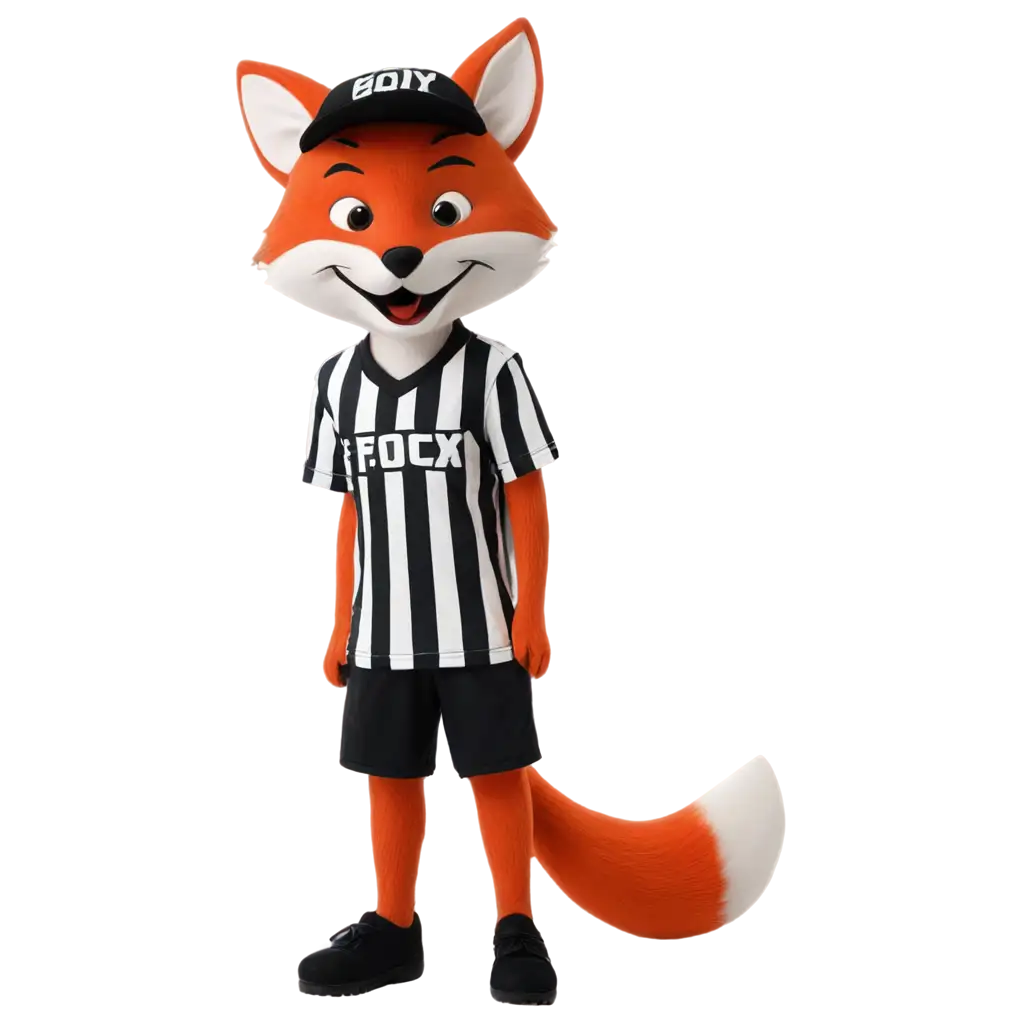 Dynamic-Mascot-Fox-in-Black-and-White-Striped-Soccer-Shirt-PNG-Image