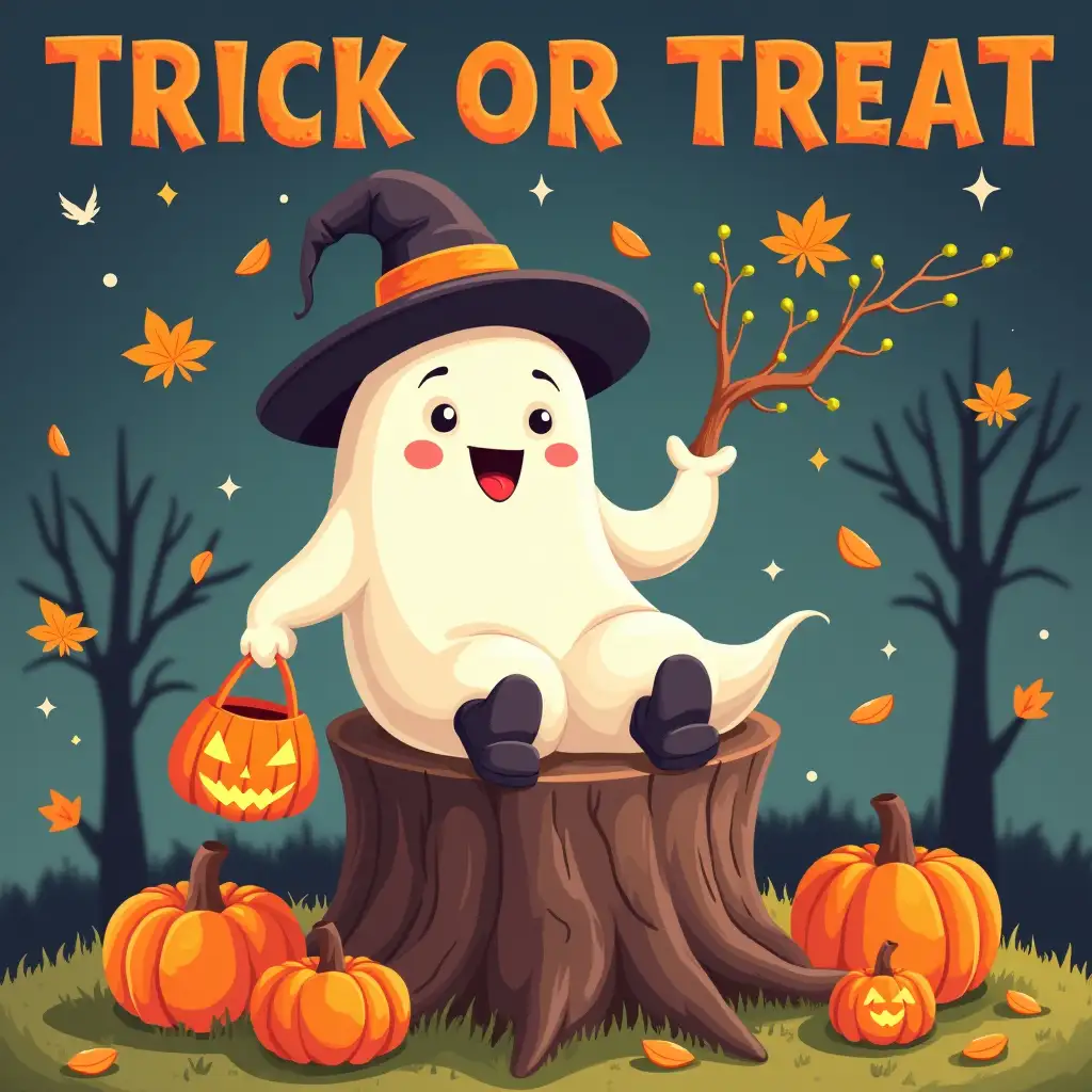 Vector. Create a whimsical Halloween-themed illustration featuring a friendly ghost sitting on a tree stump. The ghost should be wearing a witch's hat and boots, and holding a trick-or-treat bag. The background should be a colorful autumn scene with pumpkins, leaves, and a starry sky. The text 'TRICK OR TREAT' should be prominently displayed in bold, orange letters, with a playful, handwritten style. The overall style should be lighthearted and fun, with a touch of spookiness.