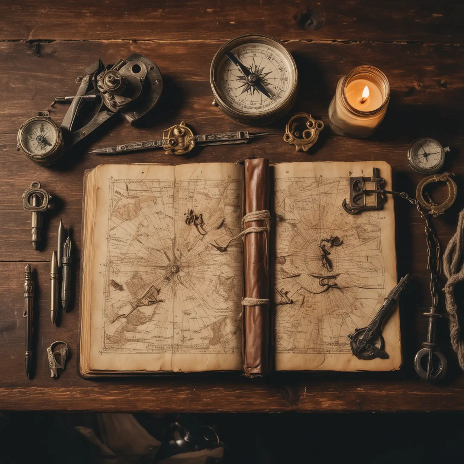 Man Contemplating Old Nautical Table with Books and Instruments