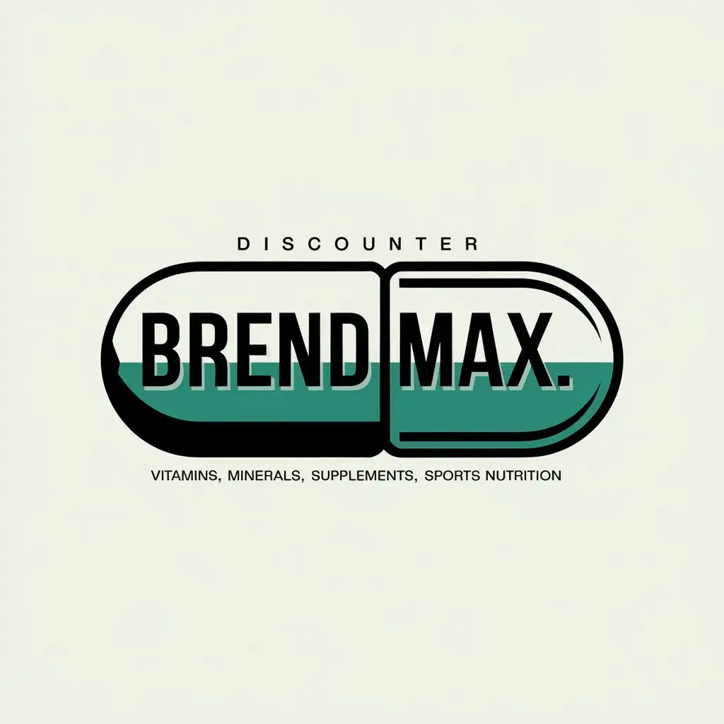 a vector logo design,with the text "BrendMax. Discounter. Vitamins, minerals, supplements, sports nutrition", main symbol:main name in a horizontal oval similar to a capsule. In the style of the design of cans of the company NOW .,Moderate,clear background