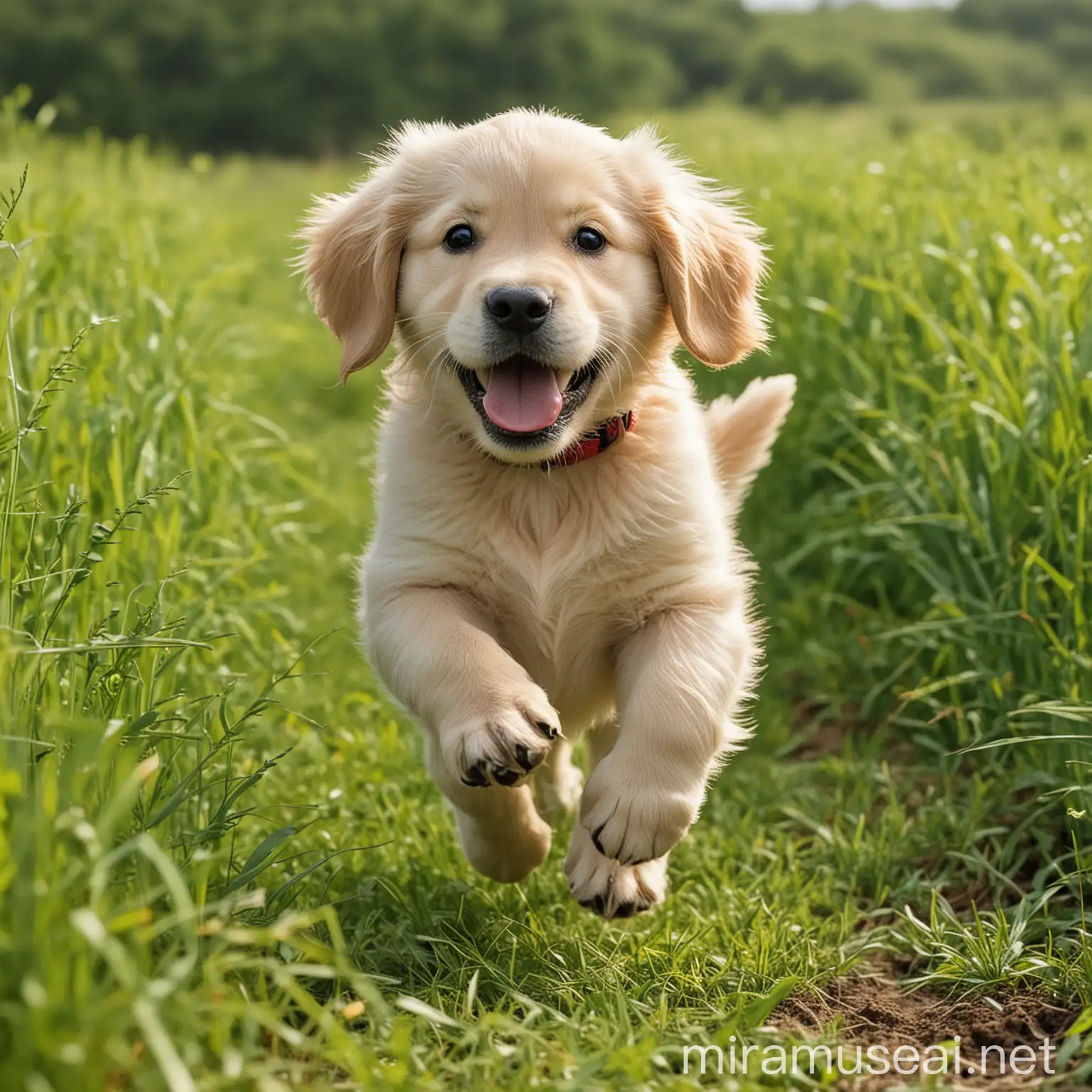 Playful Golden Retriever Puppy Running in Lush Green Fields