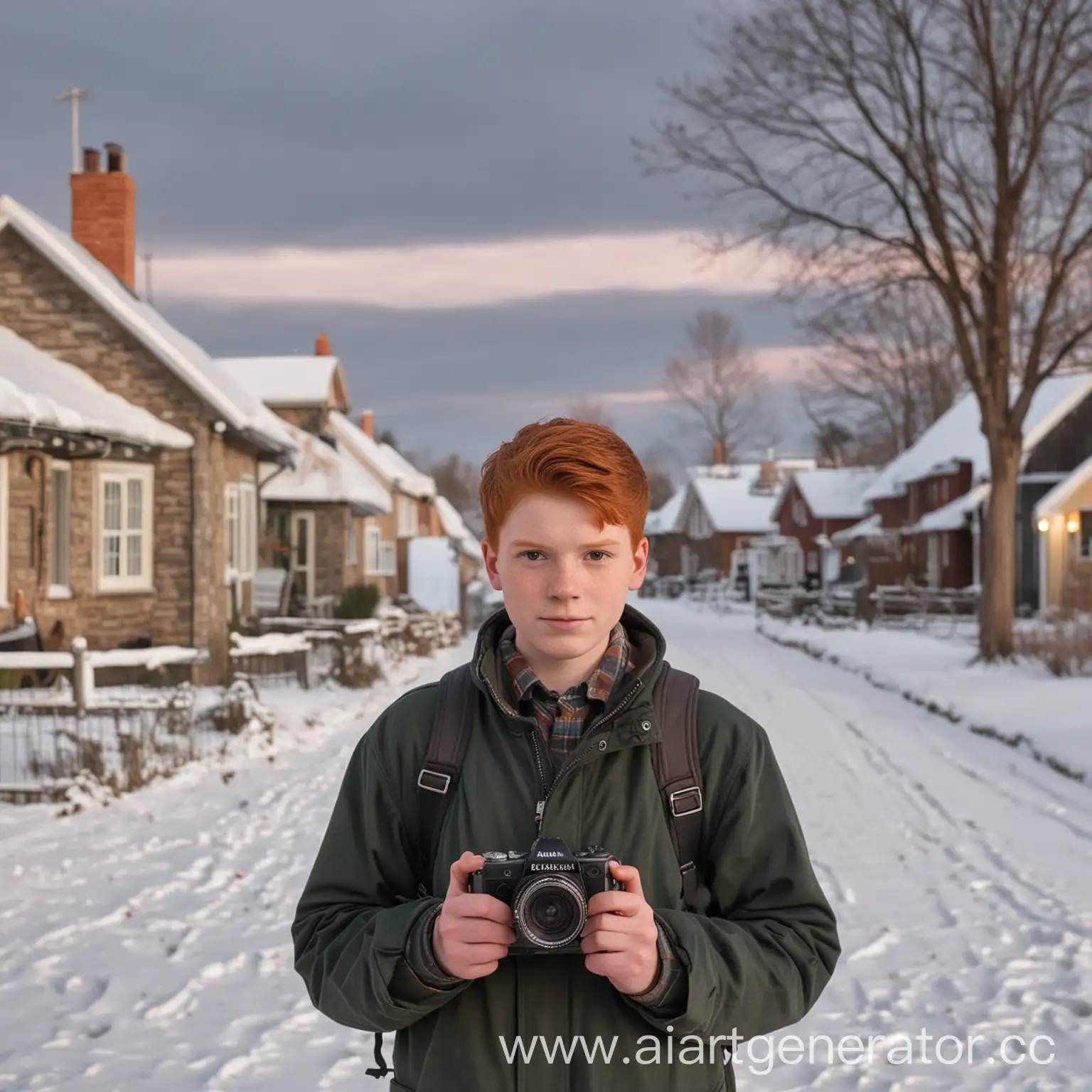 Redheaded-Teenage-Boy-Holding-Camera-in-Winter-Dawn