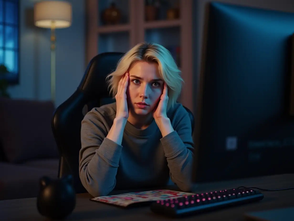 Stressed-Woman-at-Modern-Gaming-Setup