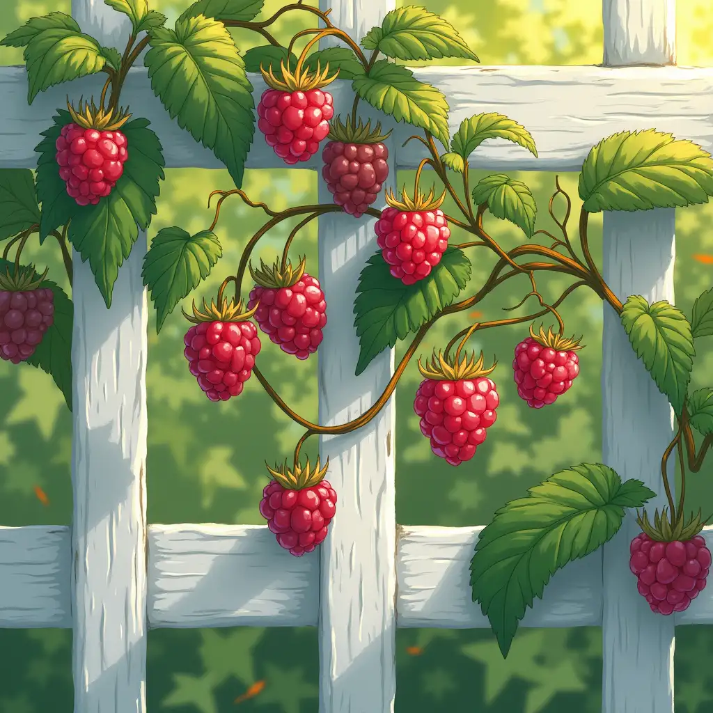 A close-up, front view of a vibrant raspberry vine laden with plump, juicy berries, intricately winding through the gaps of a white lattice fence. The lush green leaves are rich with detail, their edges softly glowing in the warm sunlight. The ripe raspberries, a mix of deep reds and pinks, are almost ready to be picked, contrasting beautifully with the clean, bright white of the lattice. The scene is rendered in the enchanting, whimsical style of Studio Ghibli, with soft colors, gentle shading, and an almost magical atmosphere that invites you to reach out and touch the berries.