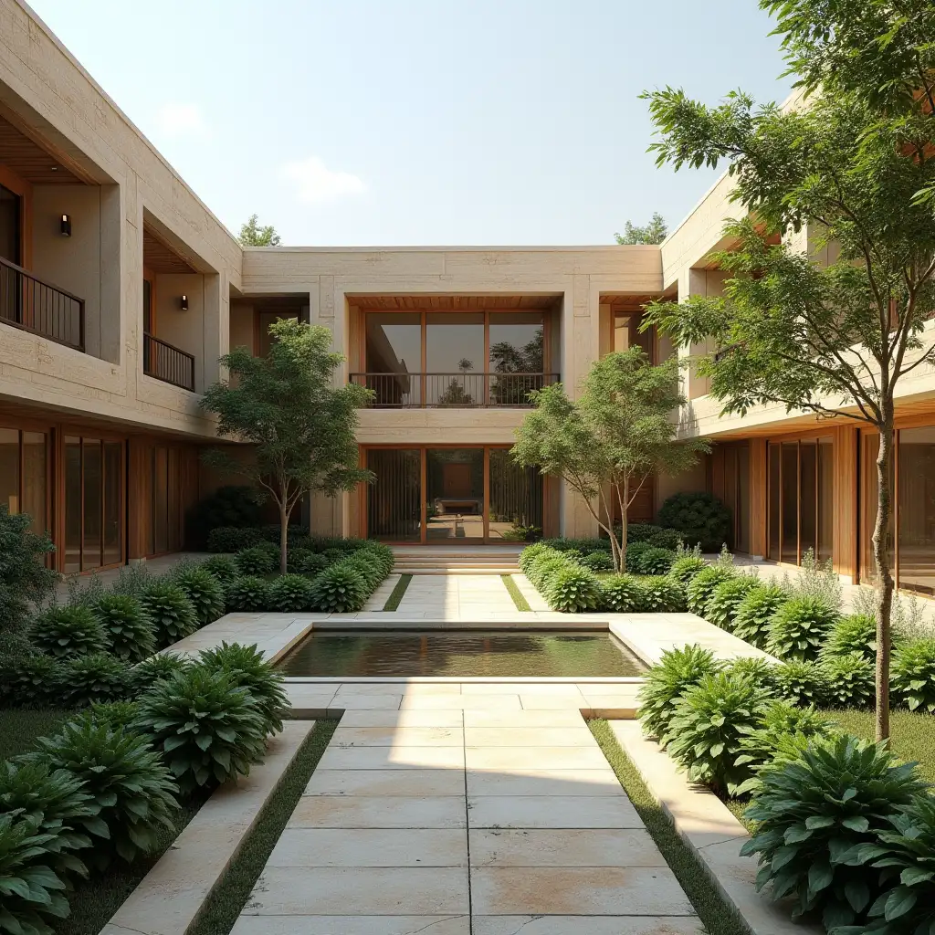 Create an image of an Iranian house that has a central courtyard. The central courtyard of the house should be of the Chaharbagh (fourfold garden) type.