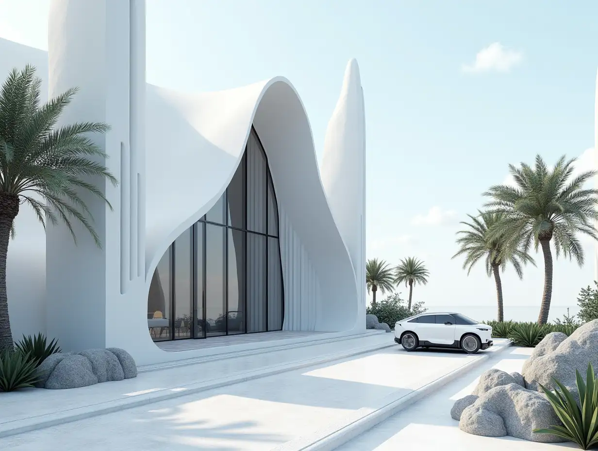 Create a high-resolution realistic image of a futuristic white and black building with curved pillars, palms, rocks and a futuristic vehicle