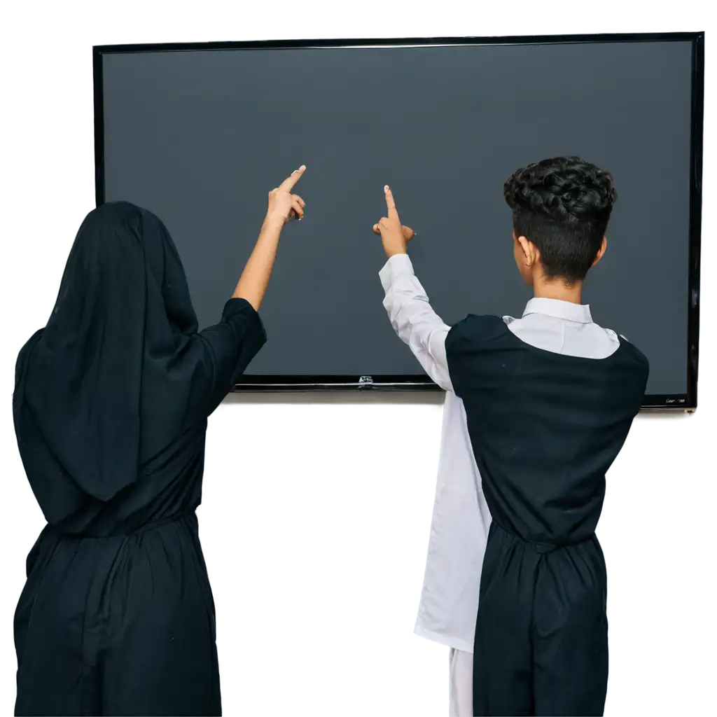 Saudi school students wearing uniform looking on the wall hanged tv screen and pointing towards the screen