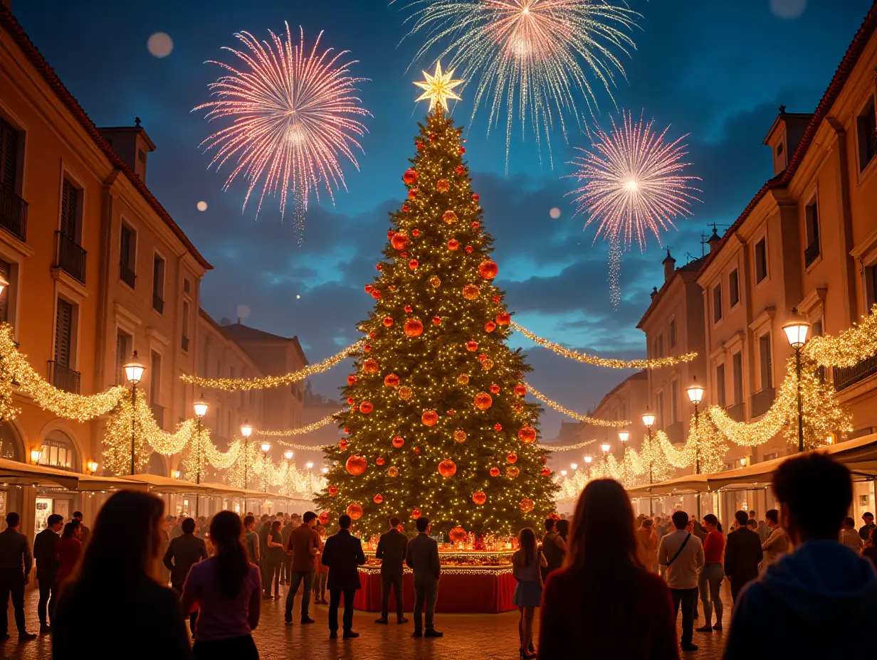 Create a vibrant and festive New Year scene set in a picturesque Spanish city. The foreground should prominently feature a beautifully decorated Christmas tree, adorned with colorful ornaments and twinkling lights, symbolizing the centerpiece of a lively celebration. Around the tree, depict a joyful party atmosphere filled with people socializing and celebrating, embodying the festive spirit of the occasion. In the background, incorporate iconic Spanish architecture to ground the scene in its location. Strings of glowing garlands and fairy lights should be draped across streets and buildings, casting a warm, inviting glow over the scene. The sky above is illuminated by a dazzling display of fireworks, exploding into vivid colors and patterns, adding to the excitement and joy of the celebration. Include sparklers and small groupings of people holding them, creating a sense of immediate, personal celebration and interaction. Capture the essence of a New Year's Eve party with elements such as tables laden with traditional Spanish dishes, glasses of cava toasting, and a vibrant mix of laughter and music filling the air. The overall color scheme should be warm and festive, with rich reds, greens, and golds predominating. This image should evoke feelings of happiness, togetherness, and the promise of new beginnings as celebrated in this magical Spanish setting.