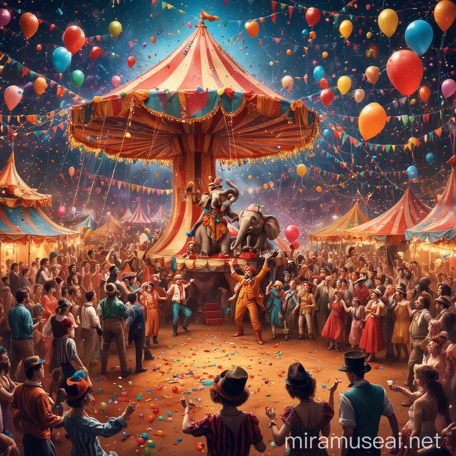 Vibrant Circus Party Scene with Clowns Acrobats and Animals