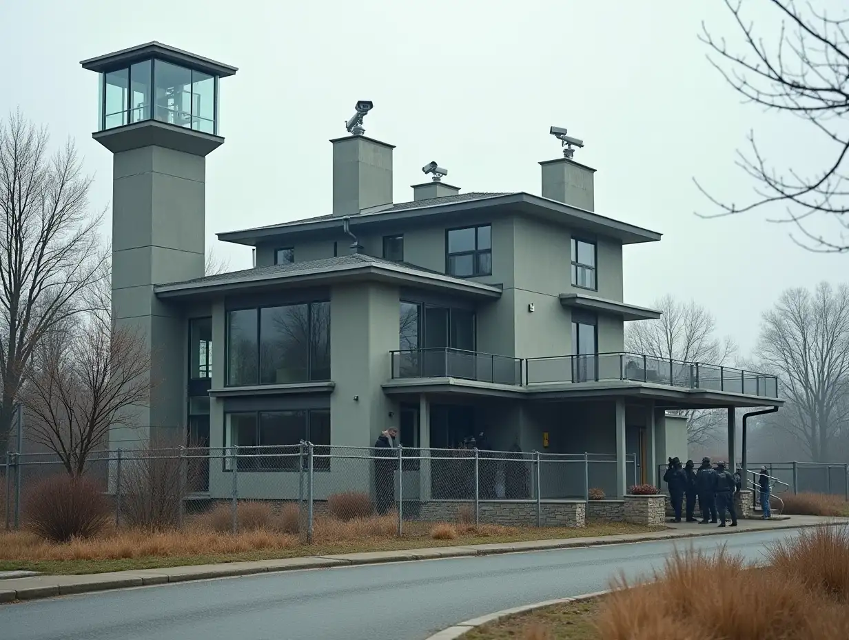 Modern-Mansion-Surrounded-by-Surveillance-Towers-and-Security-Guards