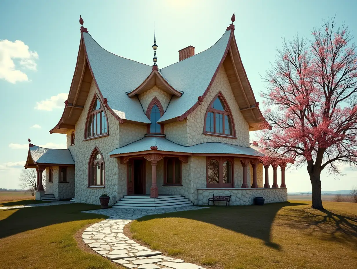 crooked house in the prairie - with bronze sculptures with red ornamentation in the form of triangular patterns, white roof, large windows with glass, curved, rough window shapes, winding grand entrance staircase made of marble a complex curved roof with dike, lanterns, bench apple tree 4K resolution colorful superwide-angle shots