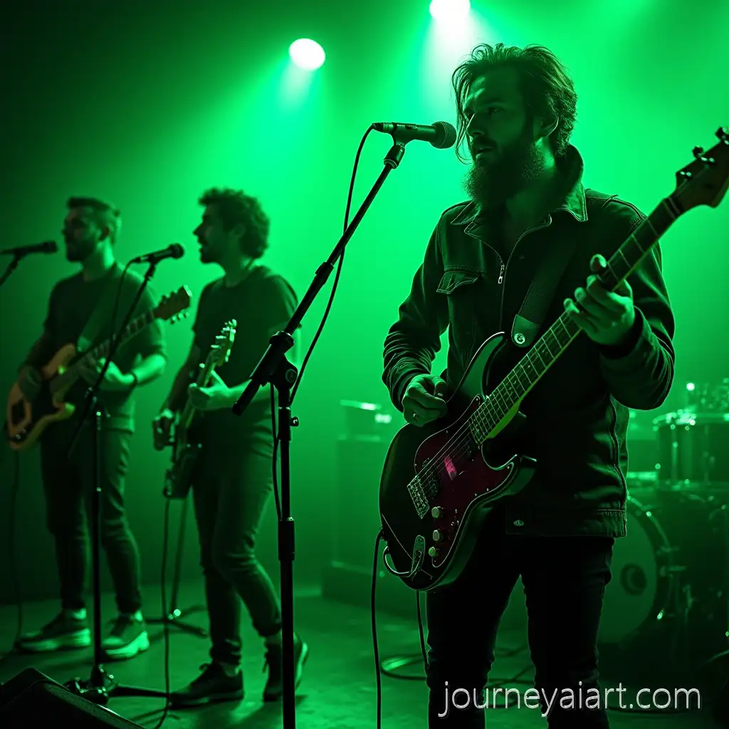 Cyberpunk-French-Band-Performing-with-Drummer-Guitarist-Trumpet-Player-and-SingerGuitarist-on-Green-Background