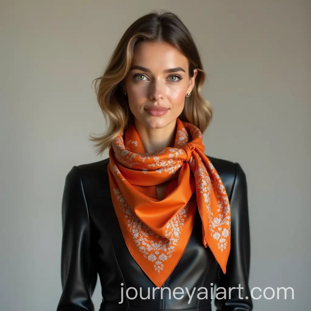 Elegant-35YearOld-Woman-in-Black-Leather-Dress-and-Hermes-Orange-Scarf