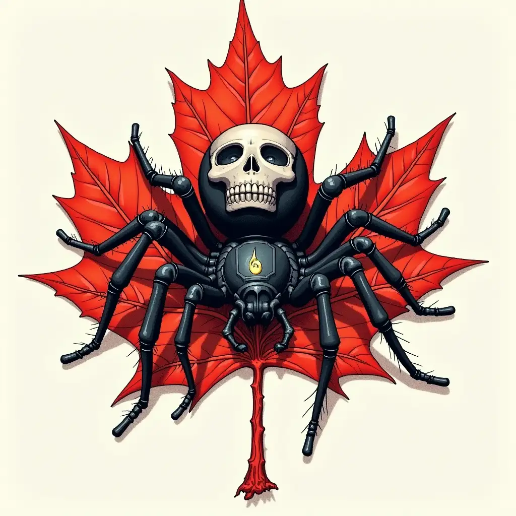 a picture of a black spider with a human skull symbol on his back sitting on a maple leaf, drawing in style of Judge Dredd comics