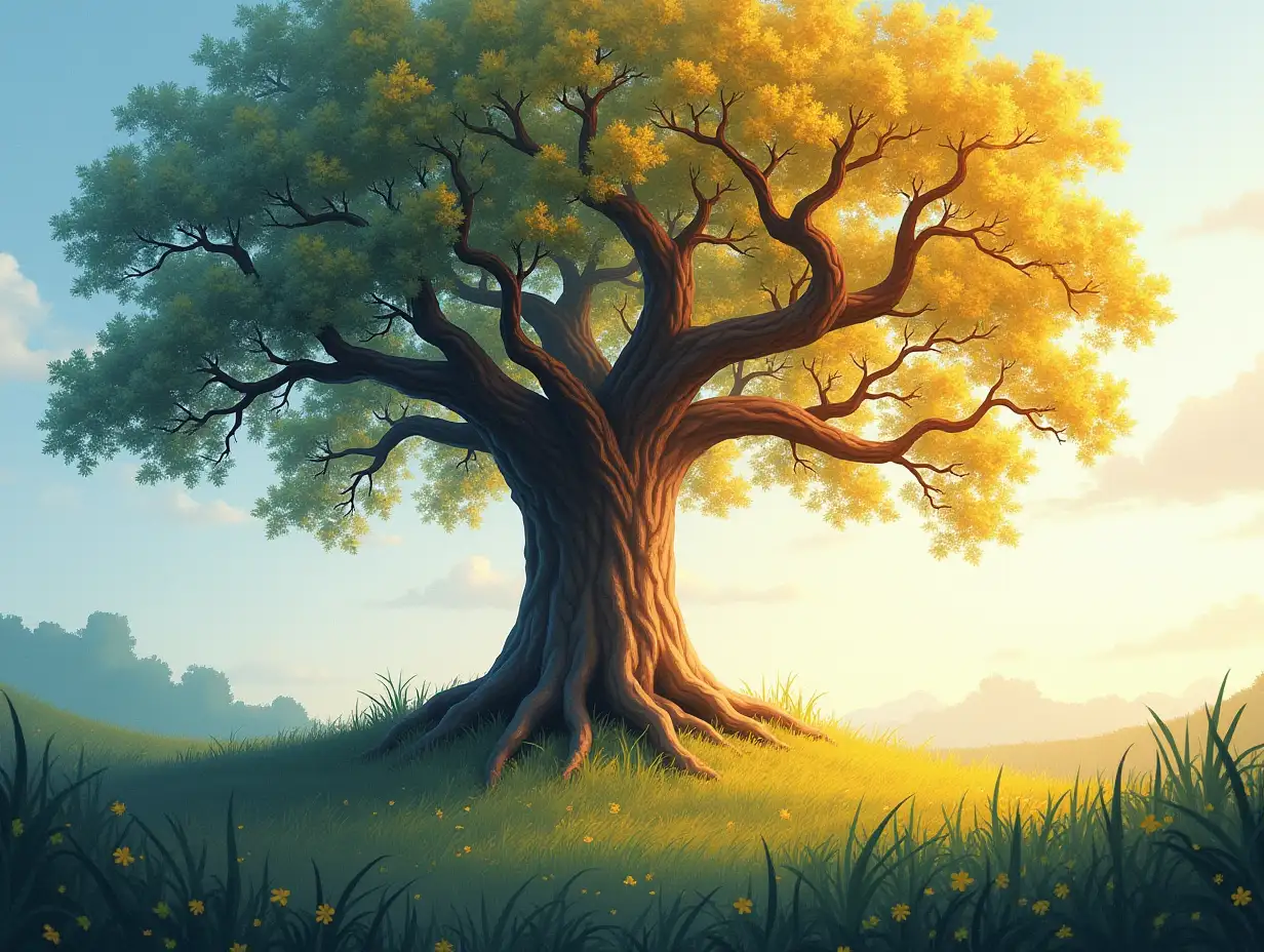 make a pic of large tree in painting theme