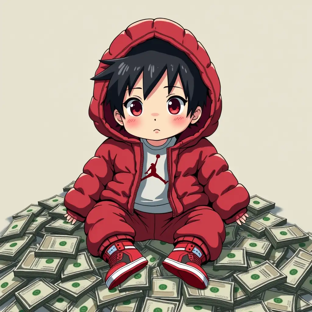 A cute anime style baby wearing air jorda shoes red an an akatsuki clan puff jacket sitting on a huge pile of cash