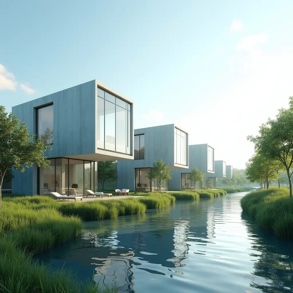 futuristic glass residential houses on the river bank. Summer, sunny day. Realism 4k