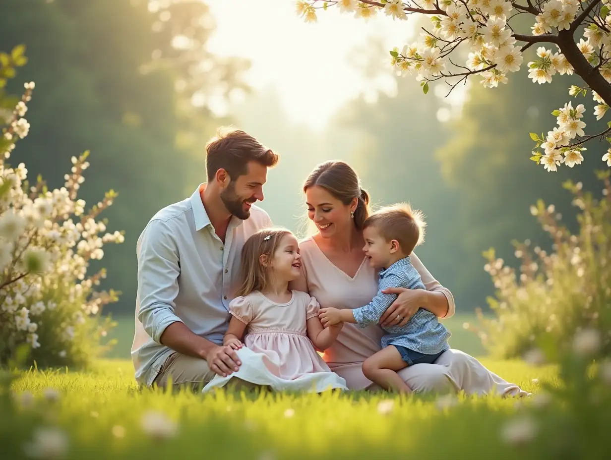 A photorealistic frame of a happy Slavic family - mom, dad, boy and girl - in a peaceful and cozy environment. They are on a green lawn or in a sunny park, surrounded by nature. Mom and daughter are in beautiful skirts and blouses, radiating tenderness and modesty. Dad is in a shirt, the boy is in comfortable clothes. Parents look warmly at children, mom gently holds daughter's hand, and dad hugs son. The girl shines with joy, her dress slightly flutters in the light breeze. Soft sunlight illuminates their faces, emphasizing the warmth of family relationships. Around blooming flowers, trees with green leaves and a blue sky with light clouds. The whole scene is full of peace, love and happiness.