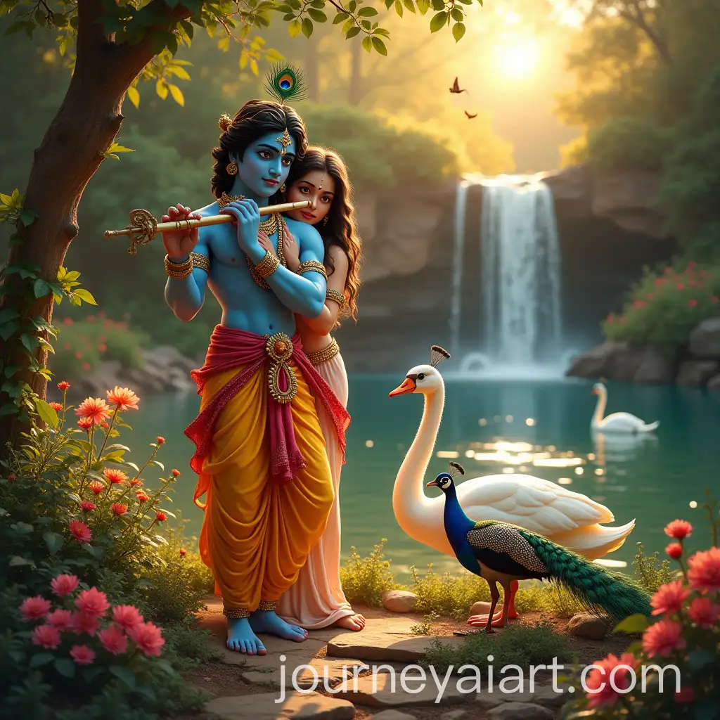 Divine-Love-and-Tranquility-Krishna-and-Radha-in-a-Serene-Garden-with-Vibrant-Wildlife