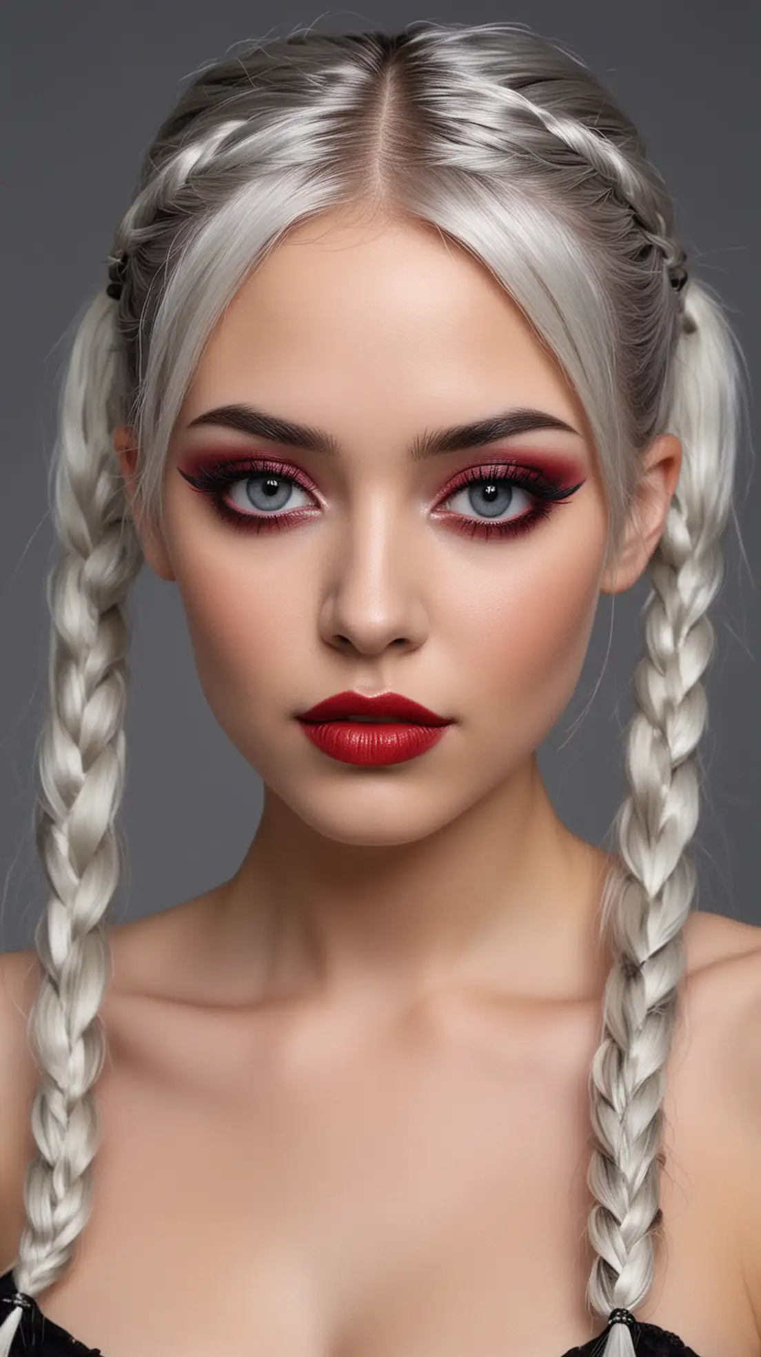 A 25 year old woman with silver hair, tied back in two braided ponytails. Her face is heavily made up, with smooth porcelain skin. Eyes emphasized with thick black eyeliner, extending into long sharp wings, with red accents intensifying the gaze. Purple eyeshadow. Finely arched eyebrows highlighting the shape of the eyes. Lips strongly outlined in bright red, glossy and precisely framed with a thin black line. Her whole appearance is striking and modern, with a dark mysterious style reminiscent of gothic or futuristic aesthetics.