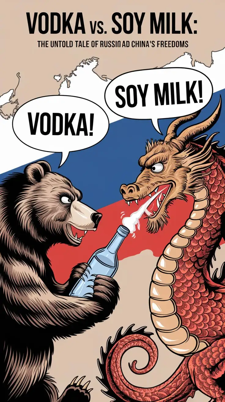 Please make a viral video thumbnail cover for social media for a video titled:  Vodka vs. Soy Milk: The Untold Tale of Russia's and China's Freedoms