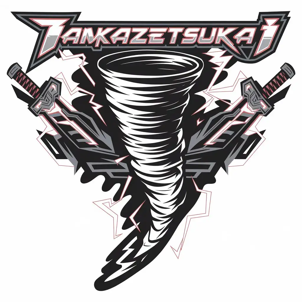 LOGO Design for Iamkazetsukai Tornado with Dual Swords and Electric Effects in Black White and Red