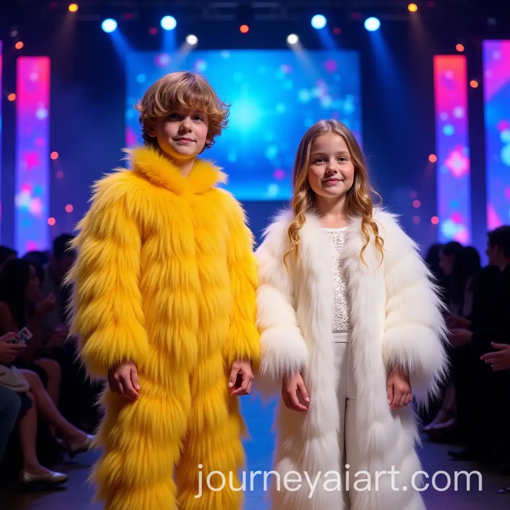 Young-Boy-and-Girl-on-Stage-Under-Colorful-Lights-in-Dreamy-Outfits