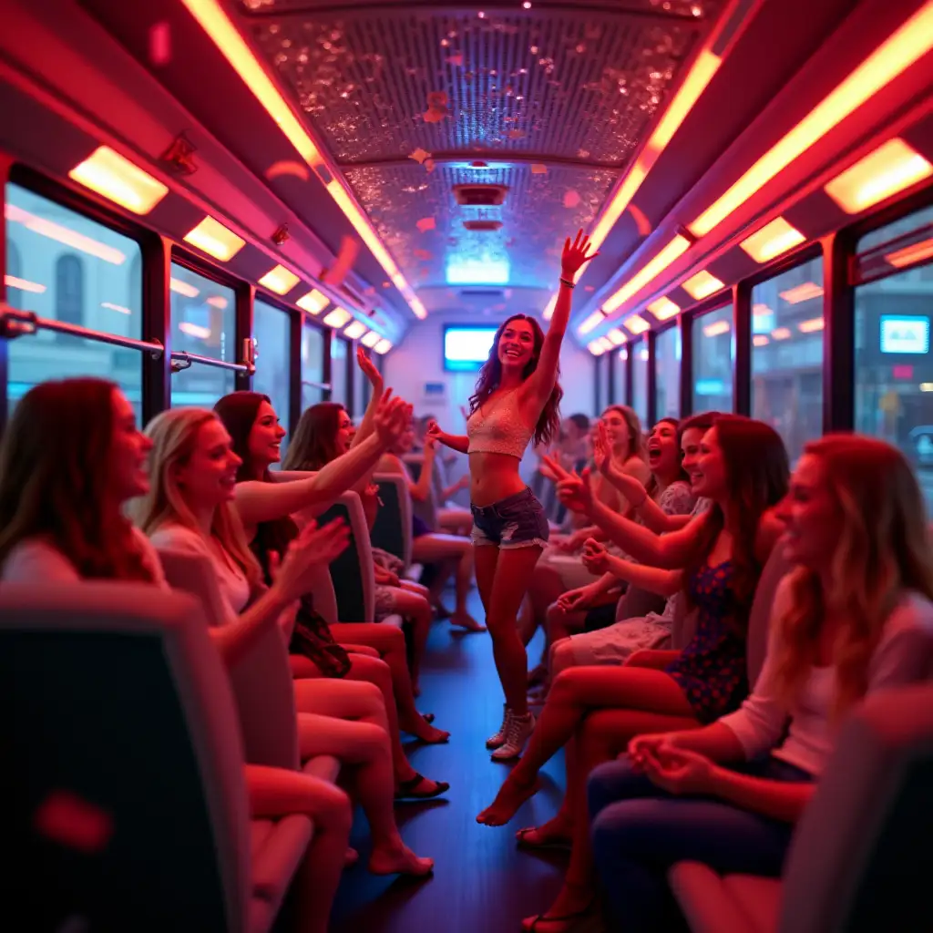 Handheld, dynamic motion: A vibrant party bus cruises through the city streets with neon lights flashing. Camera Movement: Captures the girls inside, laughing and dancing to upbeat music. Additional details: Confetti fills the air, and the atmosphere is filled with joy and excitement.