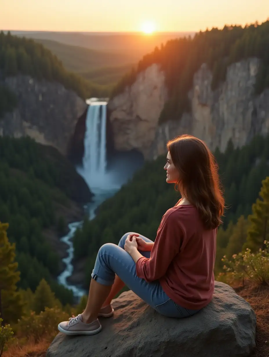 Serene-Lady-Admiring-Sunset-Over-Waterfall-at-Scenic-Overlook