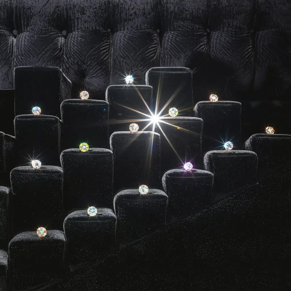 Dark background. Black velvet. A few small multi-colored diamonds lie on mini steps like buttons in a row on the panel. Light shines through the diamonds.