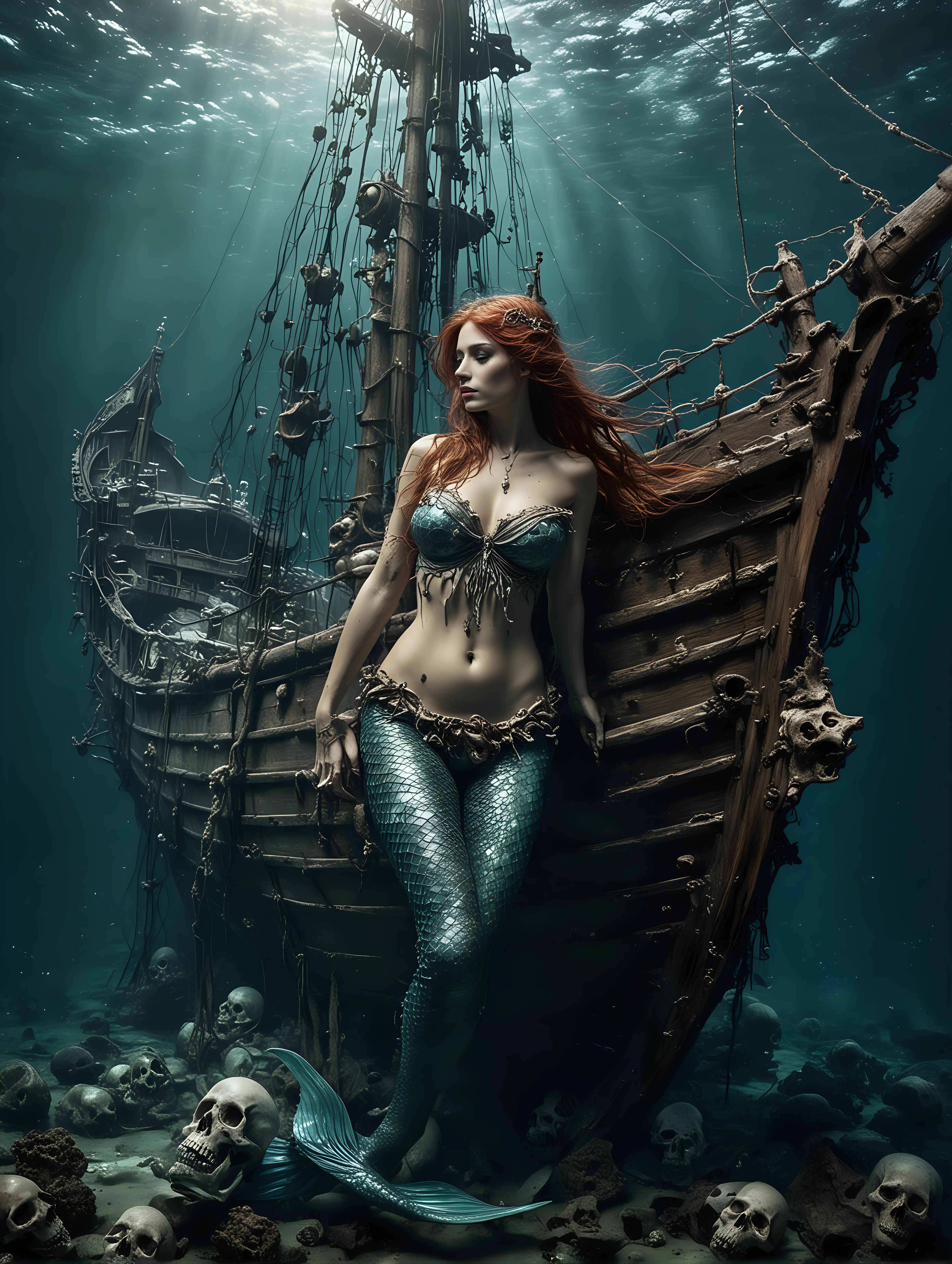 beautiful mermaid woman on the bottom of the ocean deep sea fish  old sailing warship shipwreck skull