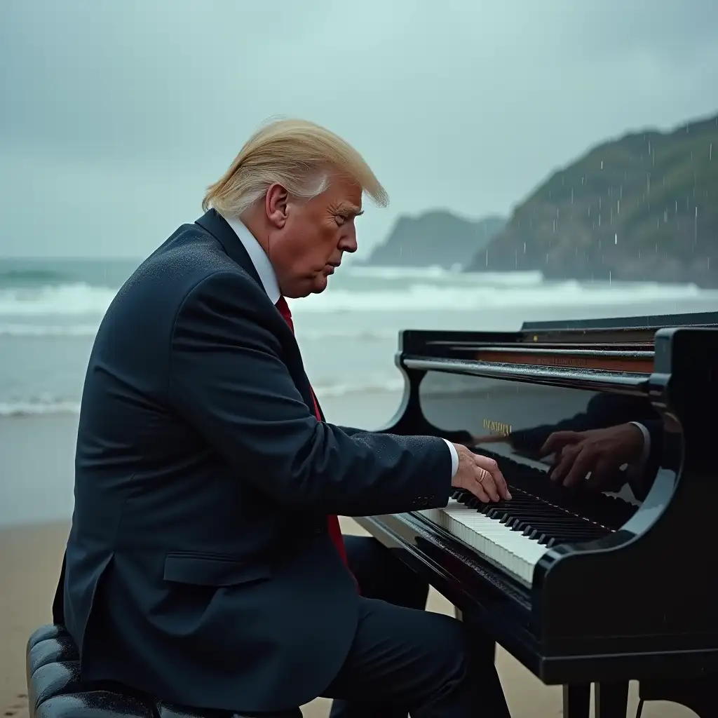 donald Trump playing piano on a rainy beach, realistic