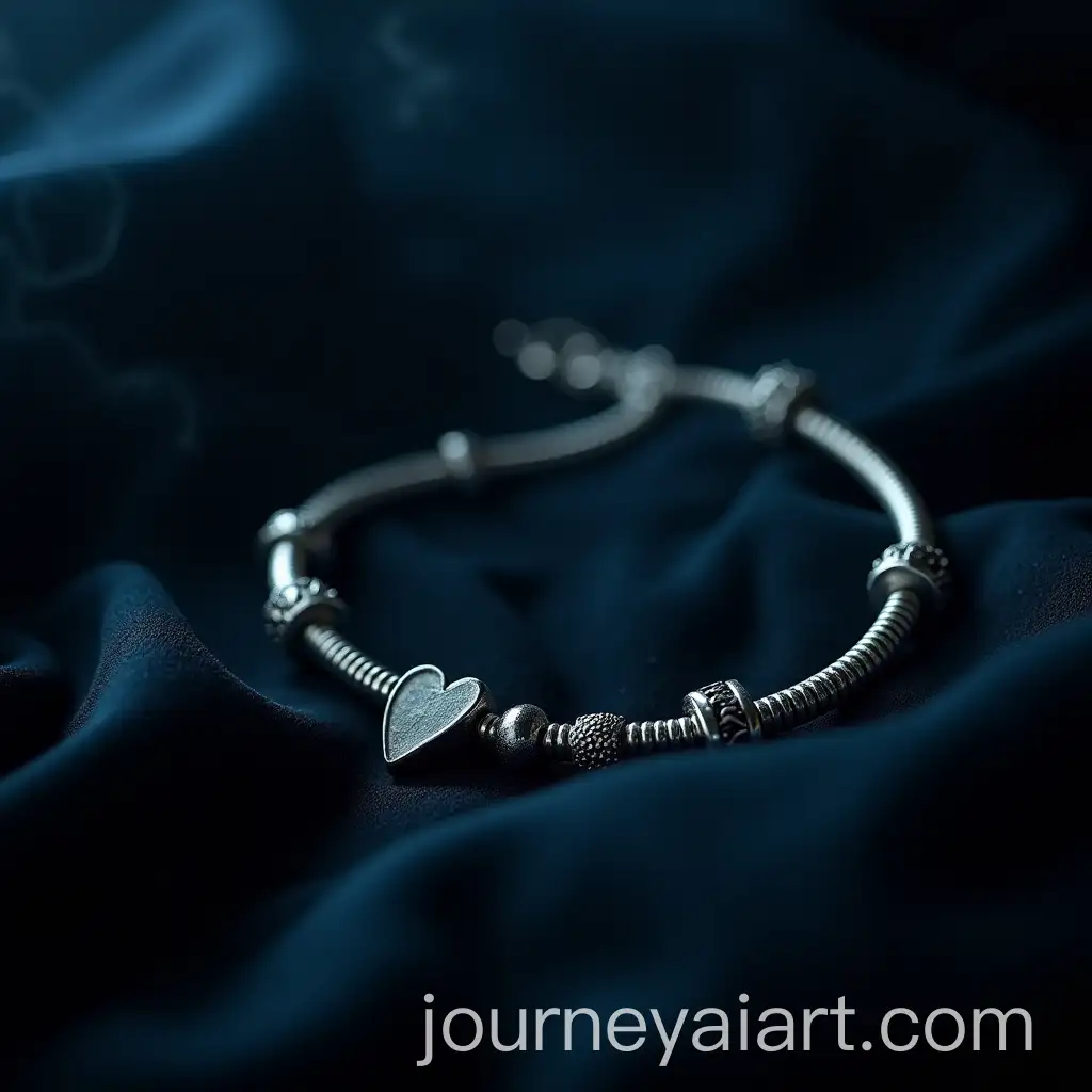 AI-Image-Prompt-ExpansionAbandoned-Silver-Pandora-Bracelet-with-Broken-Heart-Charm-on-Black-Velvet