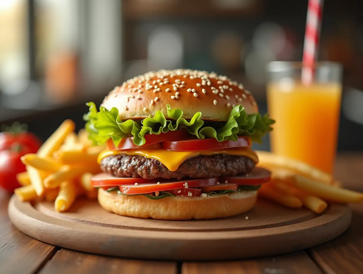 Create a photorealistic image for commercial food photography that represents common fast food in the distant future.