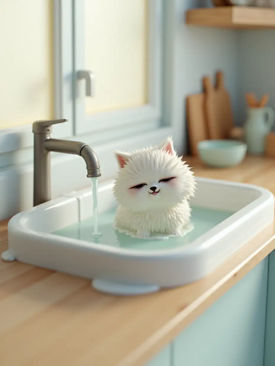 A 3D render of a kitchen with a white sink. A faucet is pouring water into the sink, which is overflowing and flooding the floor. There's a wet, fluffy white cat 