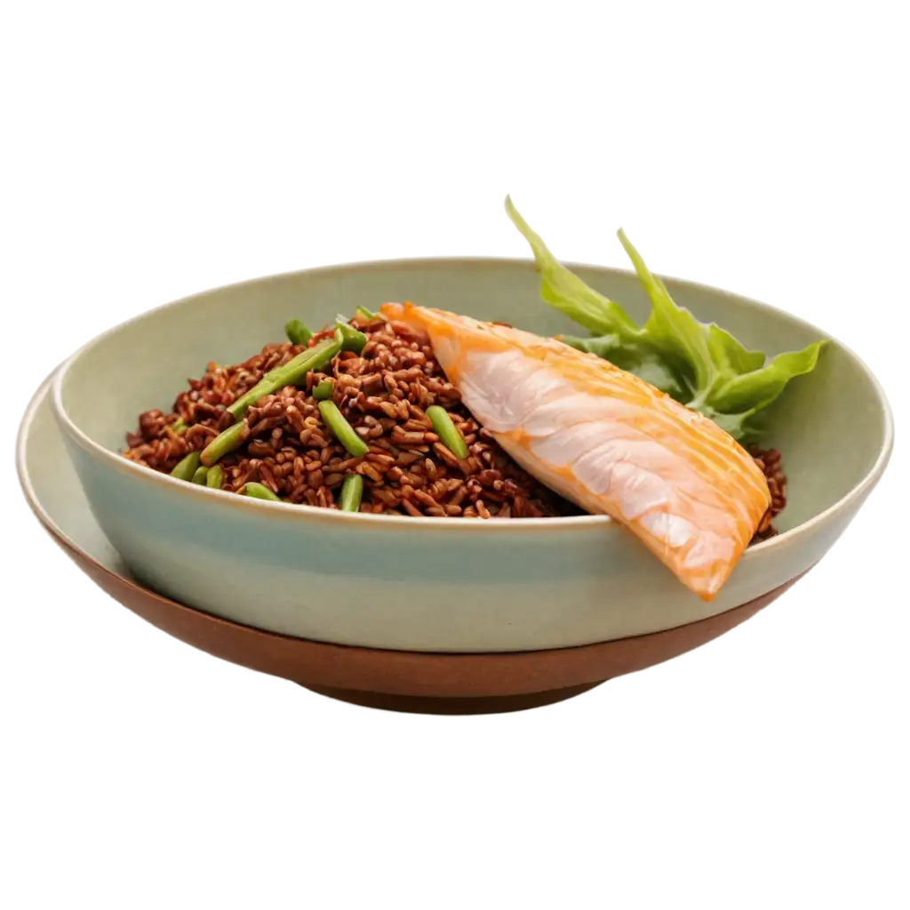 PNG-Image-of-a-Delicious-Dish-with-Red-Rice-Fish-and-StirFried-Vegetables